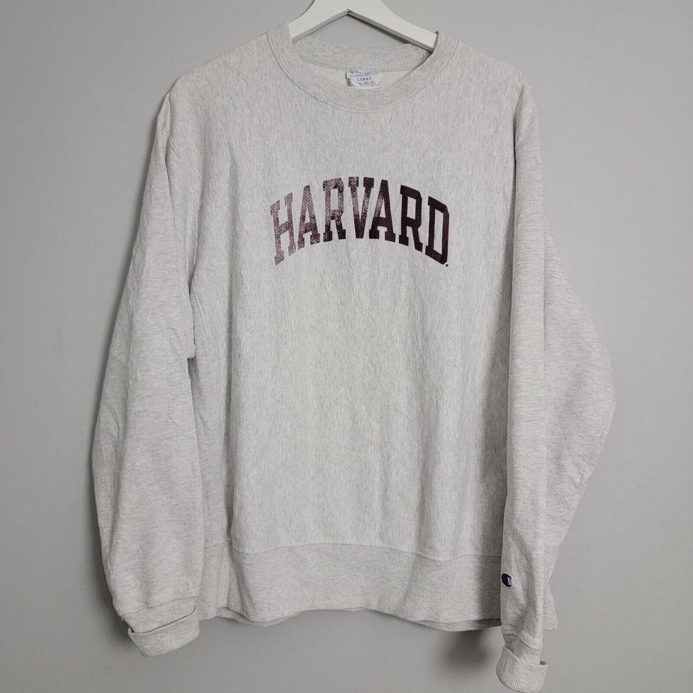 Champion Reverse Weave Crewneck Sweatshirt Harvard University Spellout Grey L